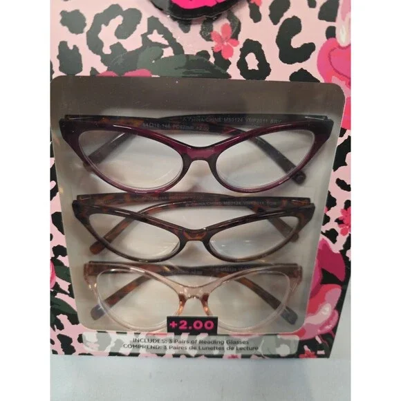Betsey Johnson Reading Glasses ~3 Pack Readers +2.00 Cat Eyes - Picture 2 of 6